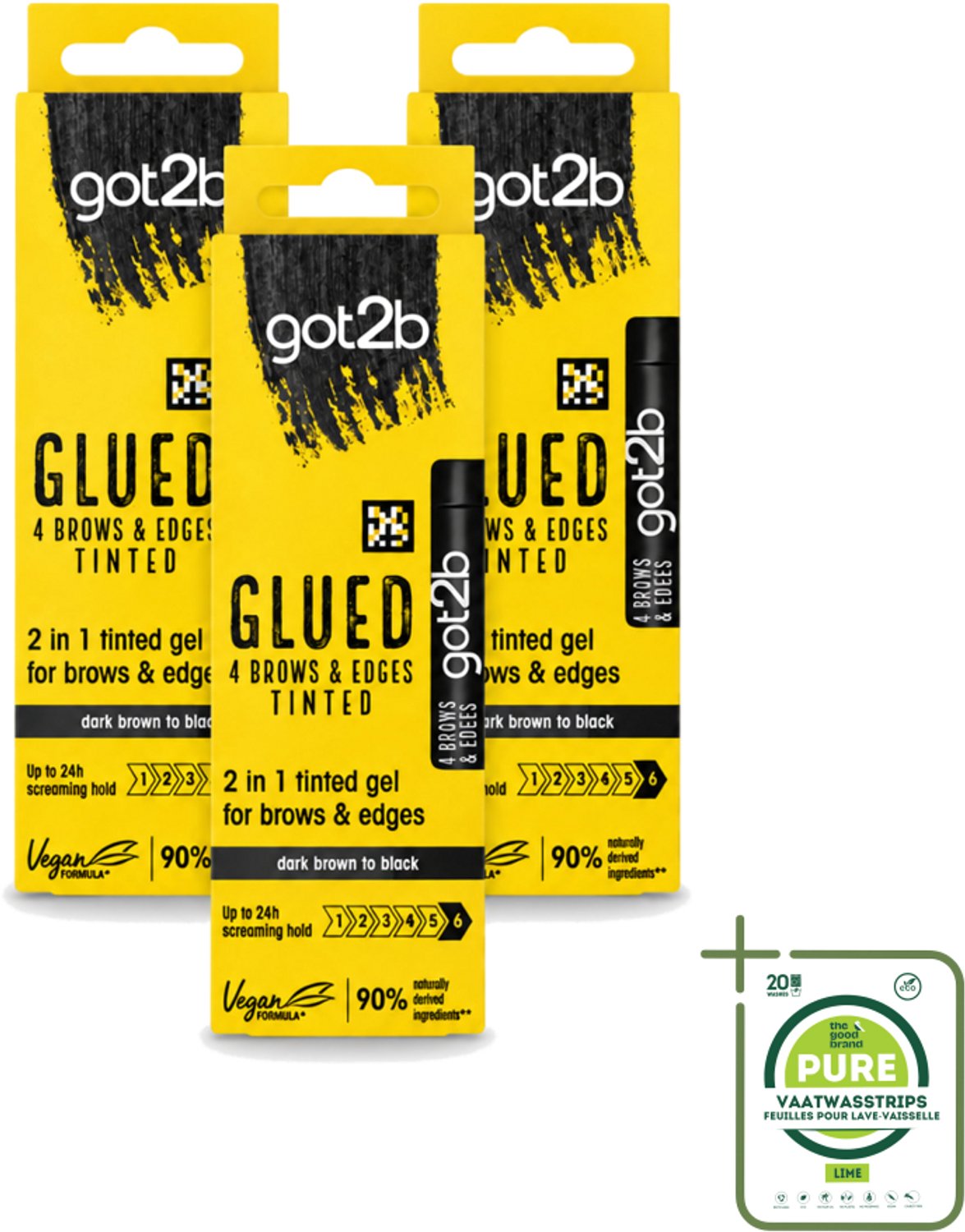 3 x Got2B - 2-in-1 Gel - Brows & Edges Zwart - 16 ml - Grootverpakking - Vaatwasstrips - Wenkbrauwen En Haarranden - Gestylde Brows - Haarranden - Zwart Gel - 2-in-1 Gel