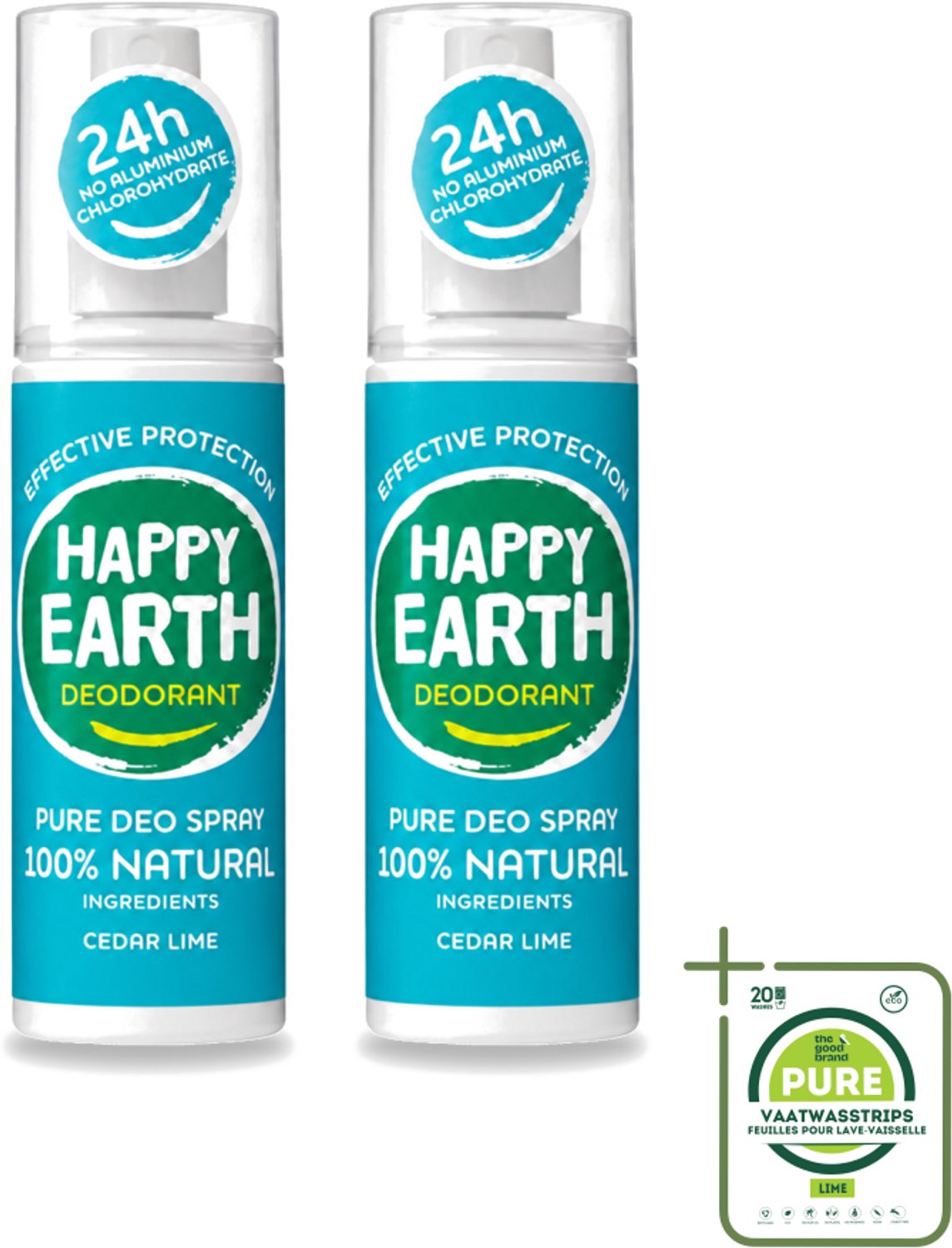 2 x Happy Earth – Deodorant Spray – 100% Natuurlijk Cedar Lime – 100 ml - Grootverpakking - Vaatwasstrips - Deodorant Spray - Fris Geur - Cederhout En Limoen - Natuurlijke Deodorant - Huidvriendelijk