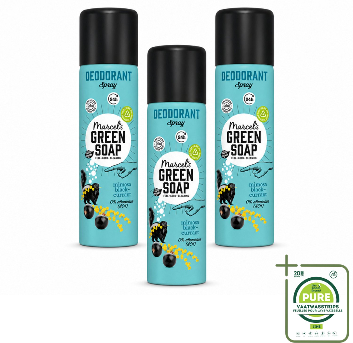 3 x Marcel's Green Soap - Deodorant Spray - Mimosa & Blackcurrant - Langdurige frisheid - 150 ml - Grootverpakking - Vaatwasstrips - Deodorant Spray - Geur - Frisheid - Geurcombinatie - Zachte Geur