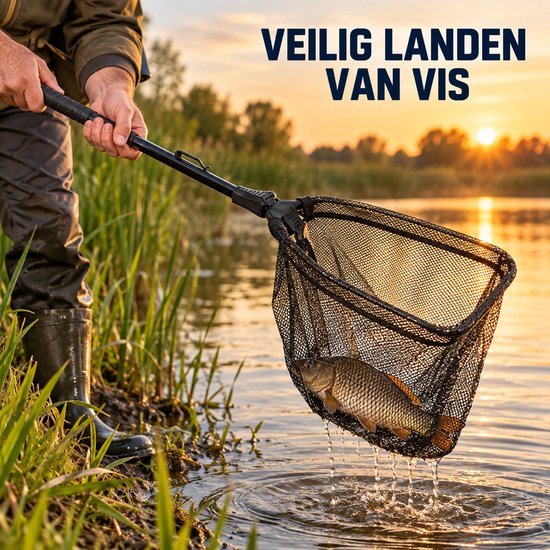 Dutch Standard Opvouwbaar Schepnet - Landingsnet 35 x 35 cm - Vaste Steel 100 cm - Fijnmazig - Zwart — afbeelding 3