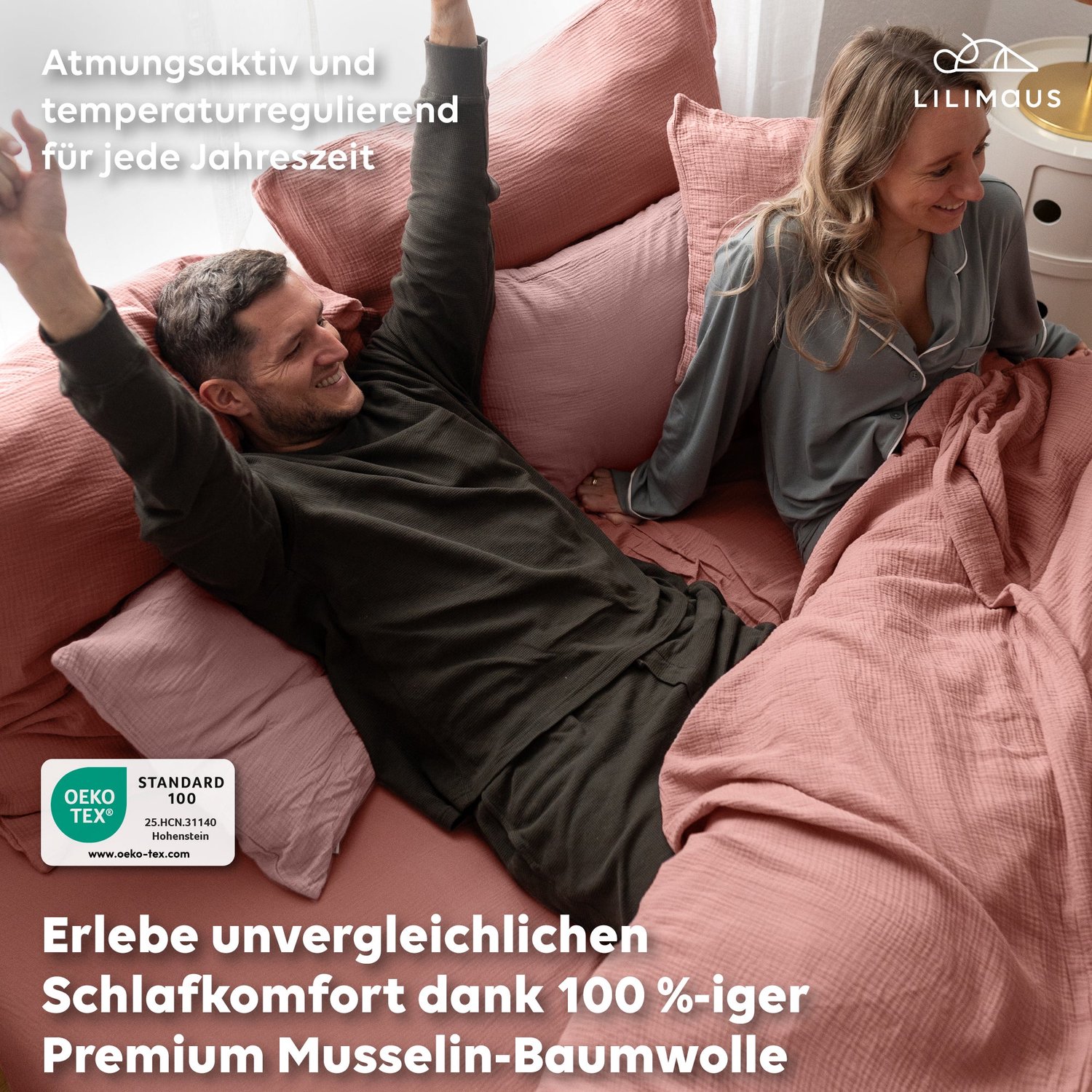 LILIMAUS Dekbedovertrek 200 x 220 cm met 2 kussenslopen 80 x 80 cm - mousseline katoen - oudroze