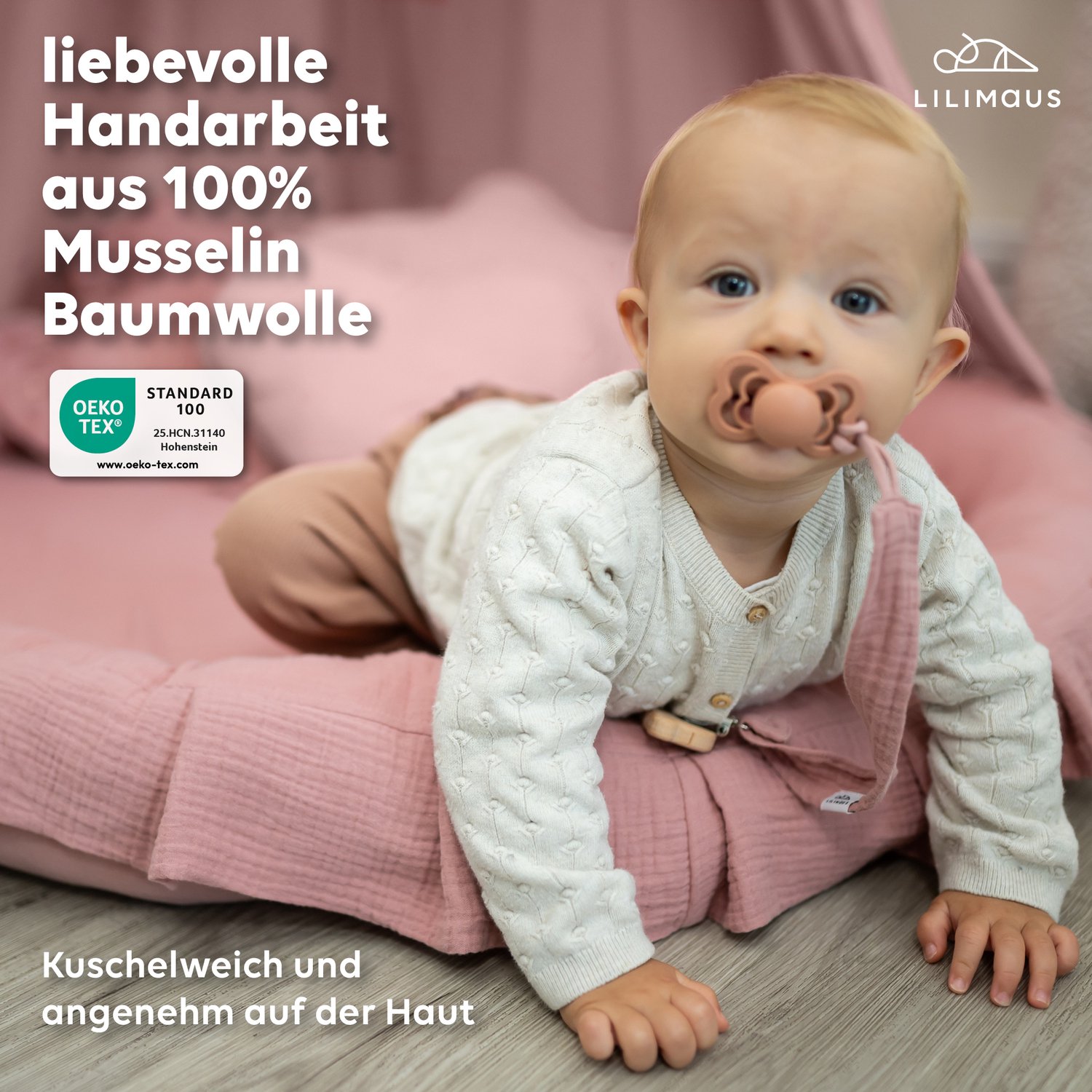 LILIMAUS Vloerkussen rond kinderkamer met ruche - ca. 90 cm - mousseline katoen - oudroze