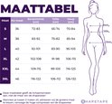 Maattabel voor Shapetape met een lijntekening van een vrouw en lichaamsafmetingen voor borst, taille en heupen.