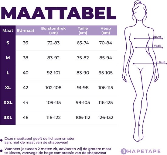 Maattabel voor Shapetape met een lijntekening van een vrouw en lichaamsafmetingen voor borst, taille en heupen.