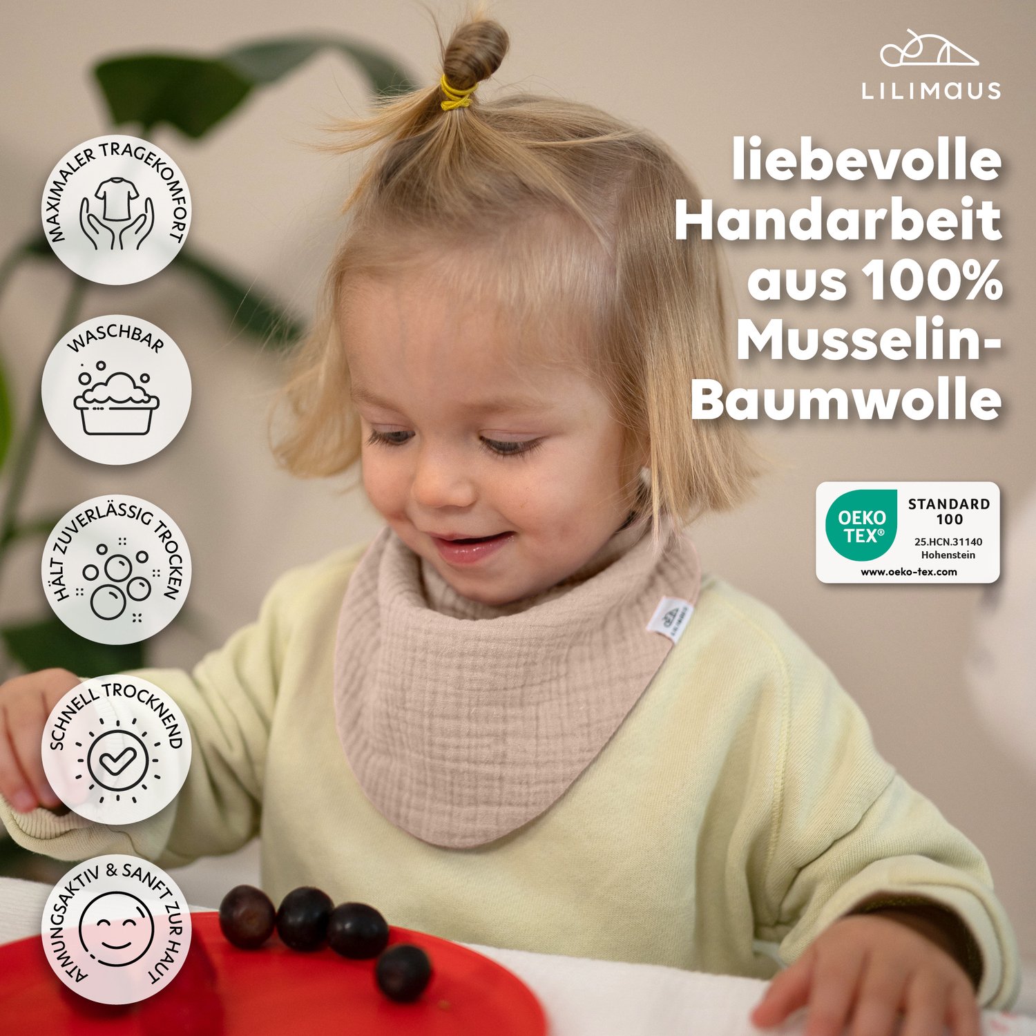 LILIMAUS Bandana slabbetjes peuter - set van 3 - mousseline katoen - zachtroze, poederroze en roze