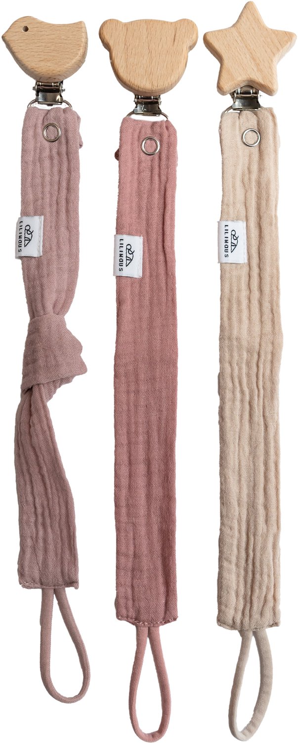 LILIMAUS Speenkoord - set van 3 - mousseline katoen met houten clip - zachtroze, poederroze en roze