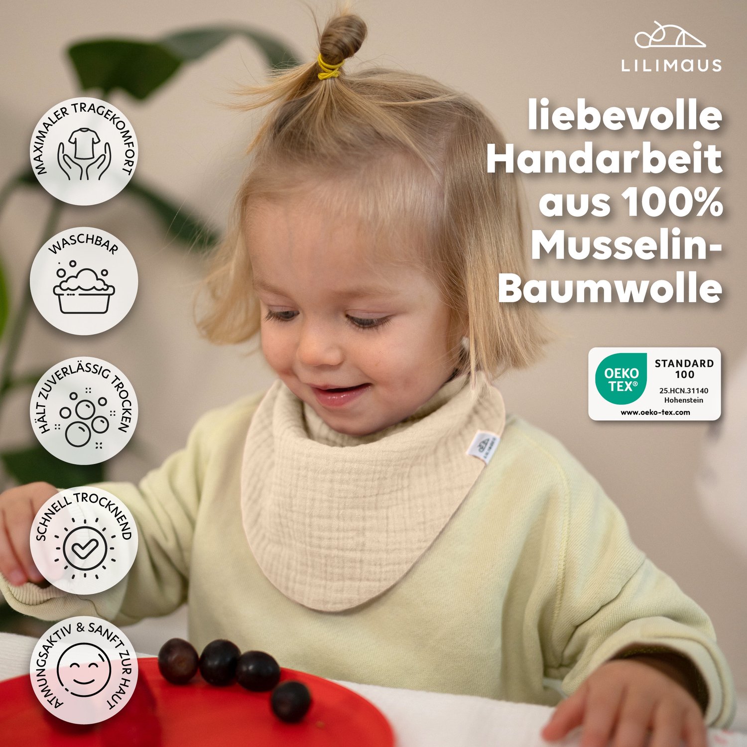 LILIMAUS Bandana slabbetjes peuter - set van 3 - mousseline katoen - lichtbeige, donkerbeige en crème