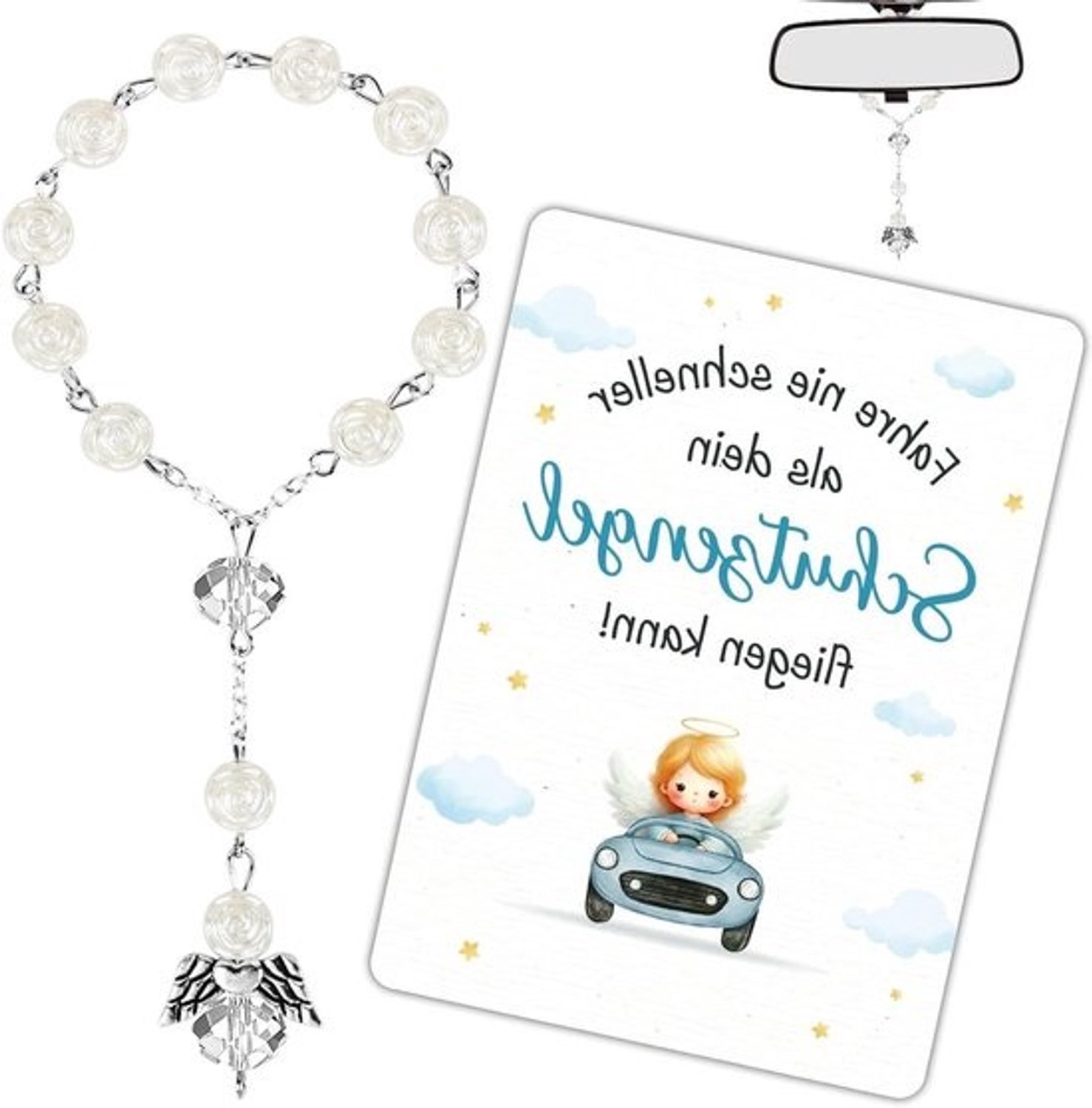 Auto Hanger - Beschermengel Decoratie - Veilige Rit - Complete Cadeauset - 6 cm Lengte - Zilver