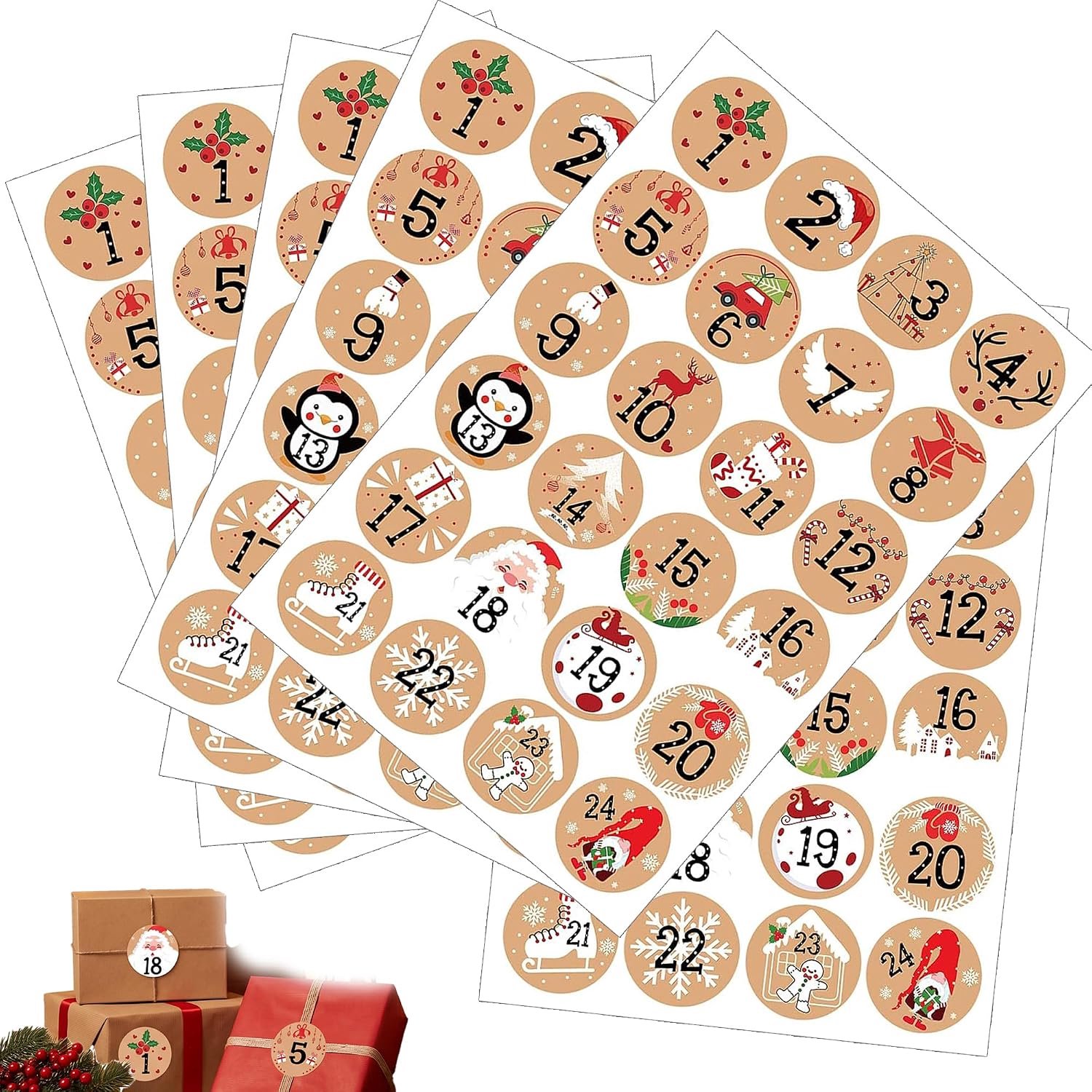 Kerst adventstickers 6 vellen - zelfklevend - 1-24 - DIY kalender decoratie - Vemera