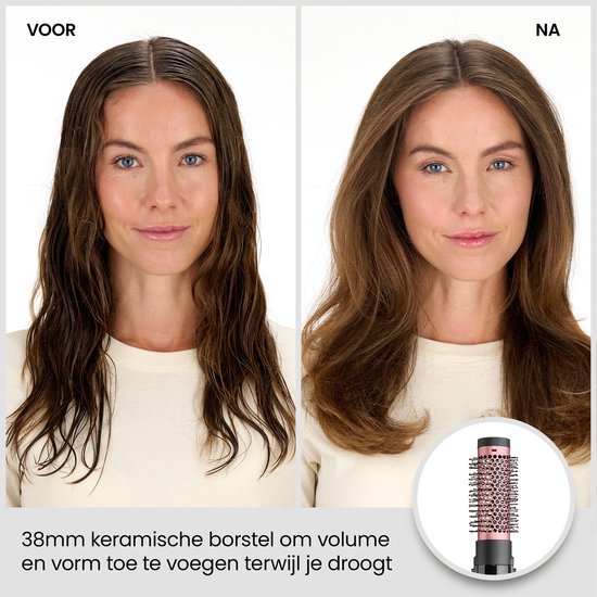 Résultats avant-après avec la brosse céramique de 38mm pour ajouter volume et forme pendant le séchage.
