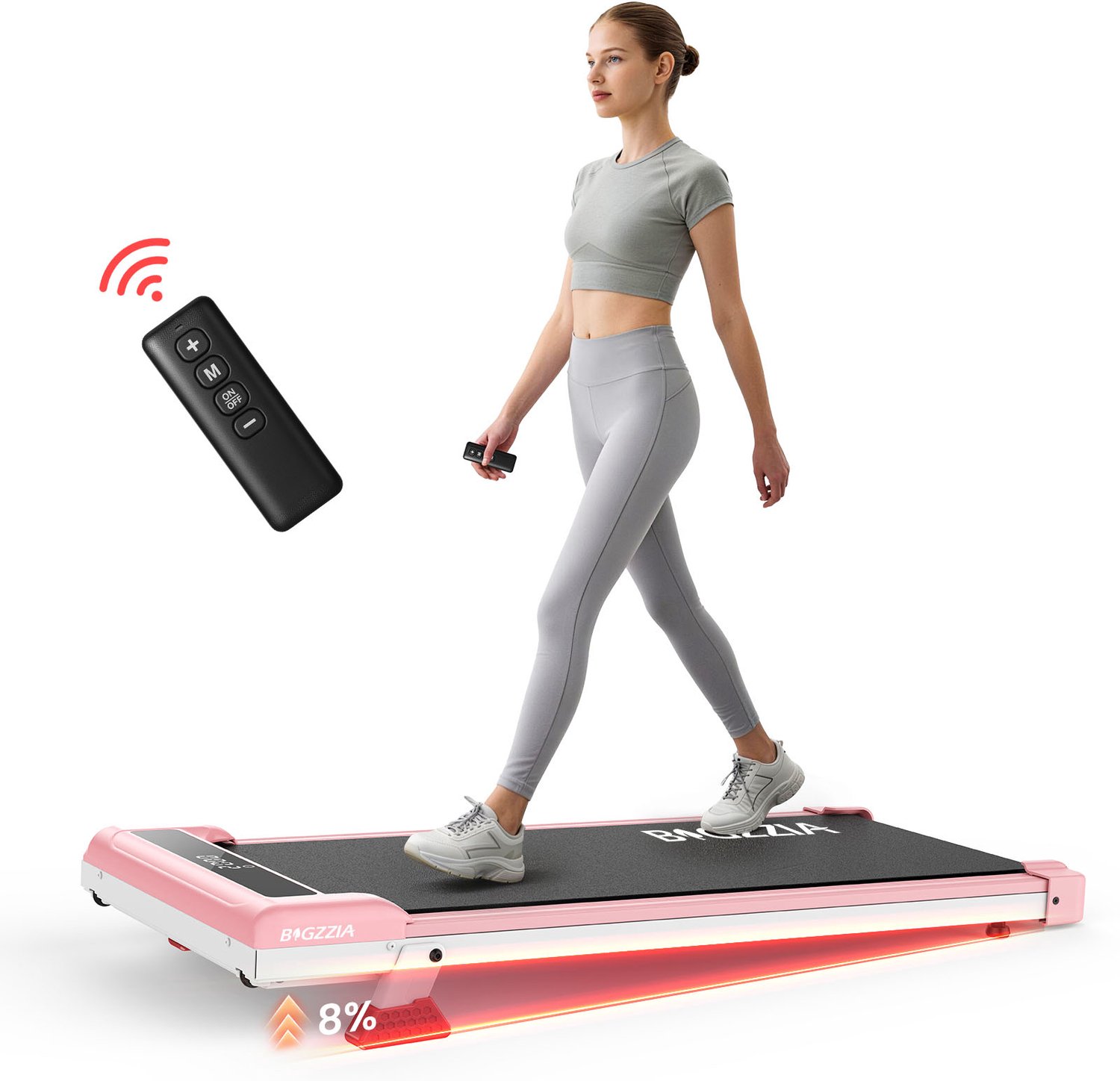 BIGZZIA Loopband – Walking Pad – Onder Bureau – 1 tot 6 km/u – Tot 130 kg – 0–8% Helling – Stil <45 dB – met Afstandsbediening – Roze van BIGZZIA