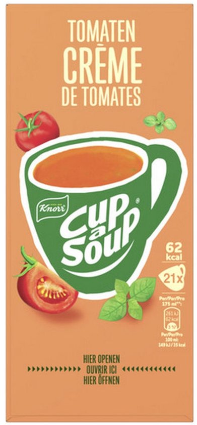 Verpakking Cup-a-Soup tomatencrème met afbeelding van een mok soep, verse tomaten en basilicum.