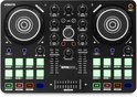 Bovenaanzicht van zwarte Vonyx Spin200 DJ-controller met twee jogwielen en verlichte performance pads.