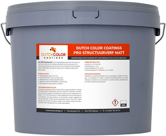 Grijze emmer 10L Dutch Color Coatings Pro Structuurverf mat met productinformatie en waarschuwingsicoon op etiket.