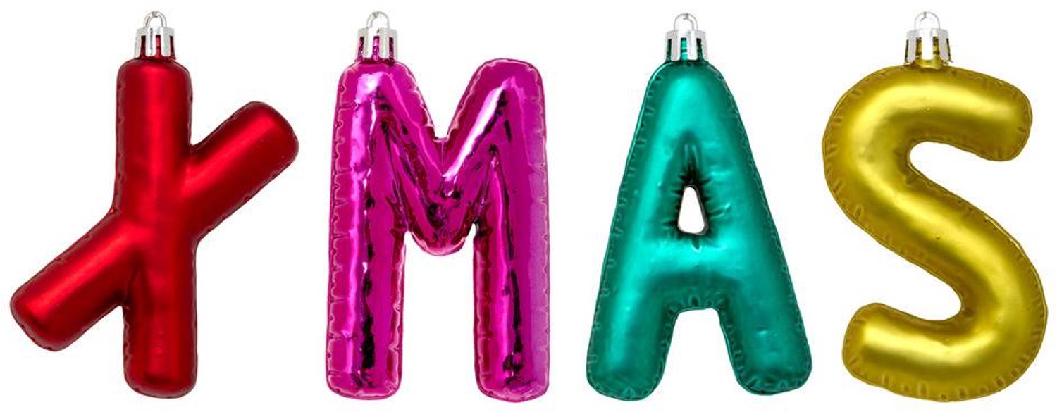 Feeric lights & Christmas Set van 4 kerstboomhangers met de letters "XMAS" van kunststof, 8,5 cm Multicolore