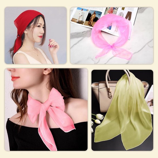 Collage van 4 modefoto's: een vrouw met rode hoofddoek, een roze sjaal om de nek, een andere sjaal als accessoire en een lichtgroene sjaal bij een tas.