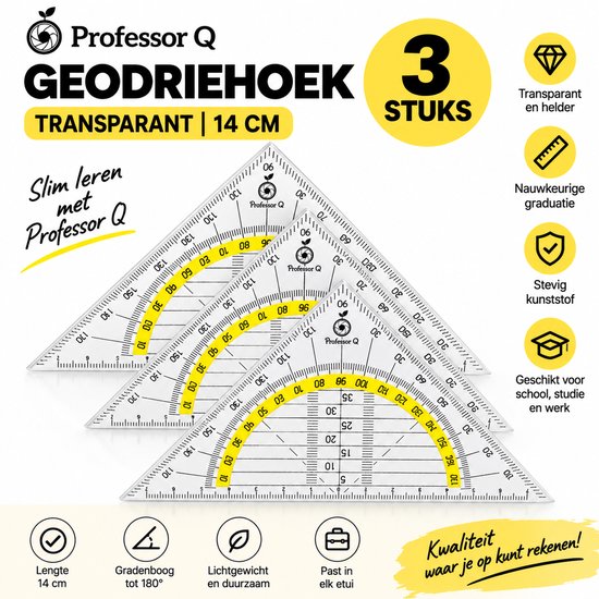 Set van drie transparante Professor Q geodriehoeken van 14 cm met een nauwkeurige gradenboog en schaal.