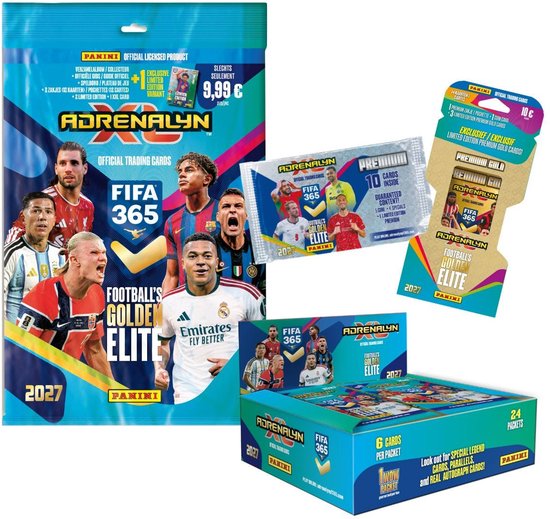 Collectie Panini Adrenalyn XL 2027 FIFA 365 met starterspakket, premium zakje en displaydoos.