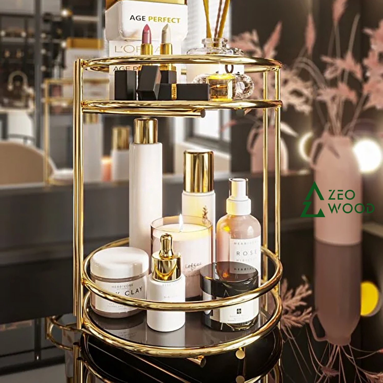 Zeo Wood Cosmetica Organizer – Make-up Organizer – Parfum Organizer – 2-Laags – Sieraden Organizer – Goud