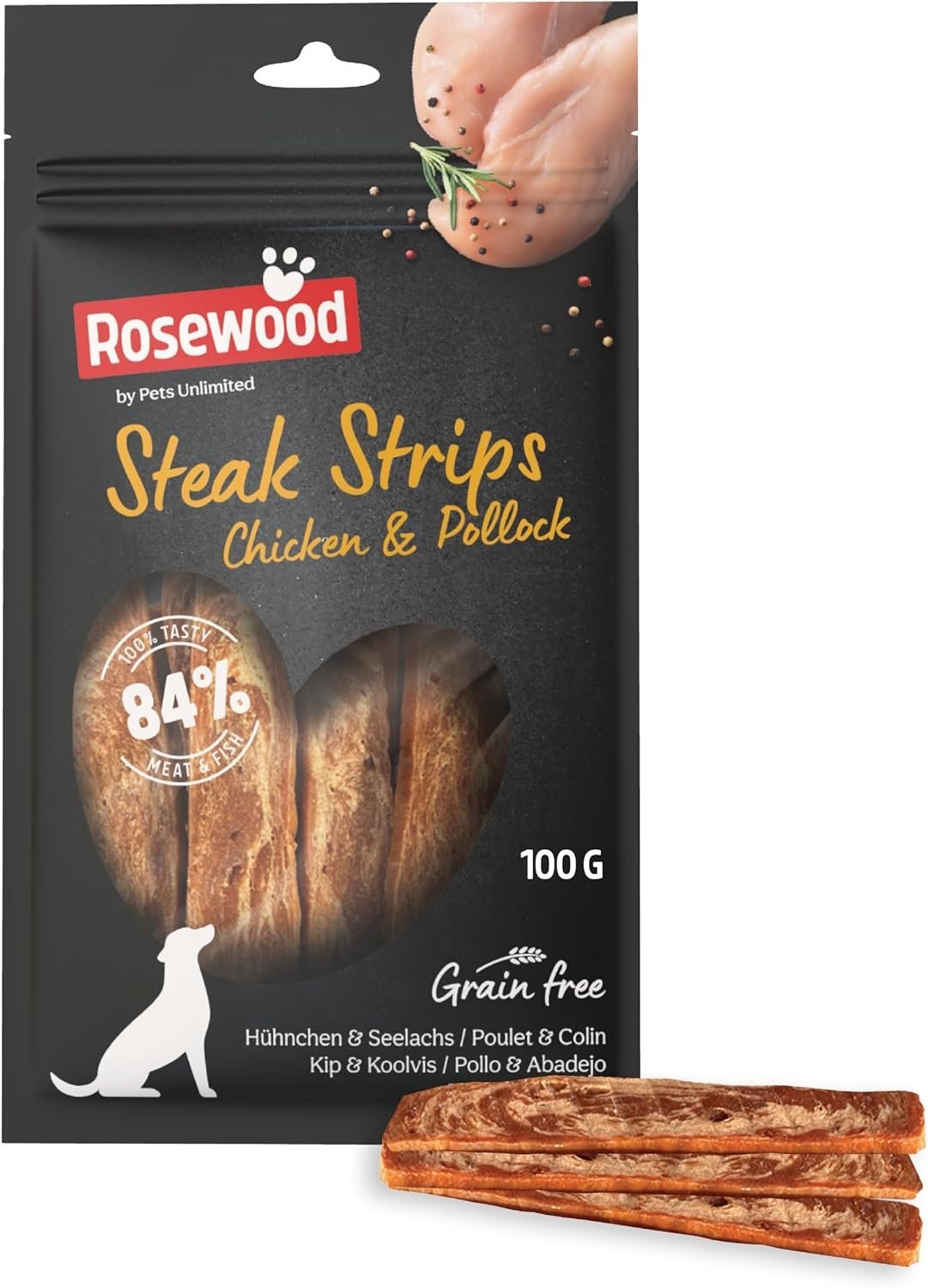 Steak Strips - 100 g - Zachte Verwensnack voor Honden - Hoog Vlees/Vis Gehalte, Vetarm, Zonder Granen