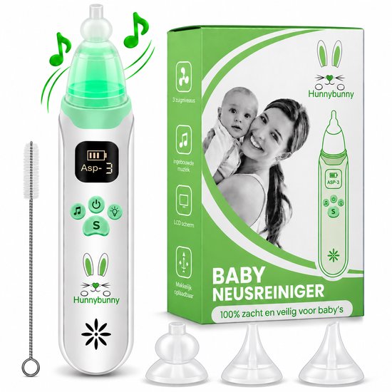 Hunnybunny® Elektrische Neusreiniger voor Baby’s met 8 Muziekjes en Licht – Neuspeer - Aspirator - Neuszuiger - USB-compatibel