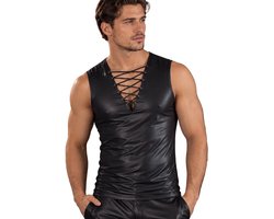 PU lederen top heren- V-hals met veters - Shirt leer - Zonder mouwen - Zwart