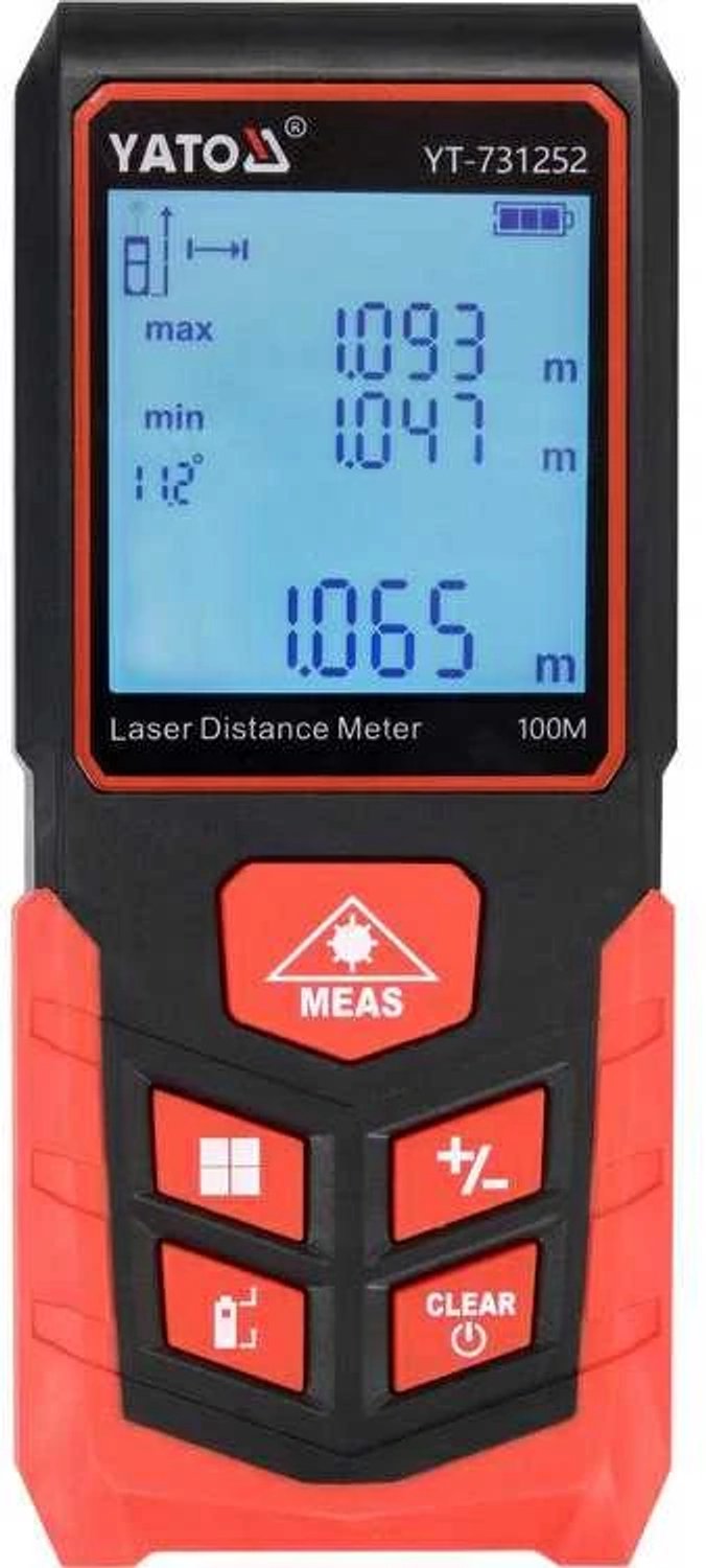 YATO Digitale Laserafstandsmeter - 0.05 tot 100 Meter - Precisie ±2 mm - Met Elektronische Waterpas, Oppervlakte- & Inhoudsberekening - Verlicht LCD Display