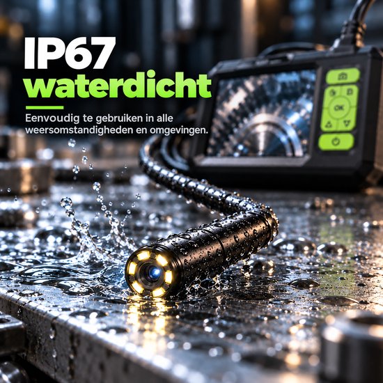 Waterdichte IP67 endoscoop camerakop met LED-verlichting, nat op een metalen oppervlak.
