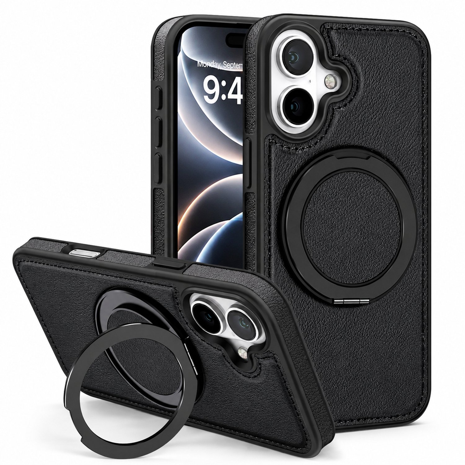 Perfeqt Hoesje geschikt voor iPhone 17 | Leren BackCover | MagSafe | 360° Draaibare Kickstand | Timeless Black