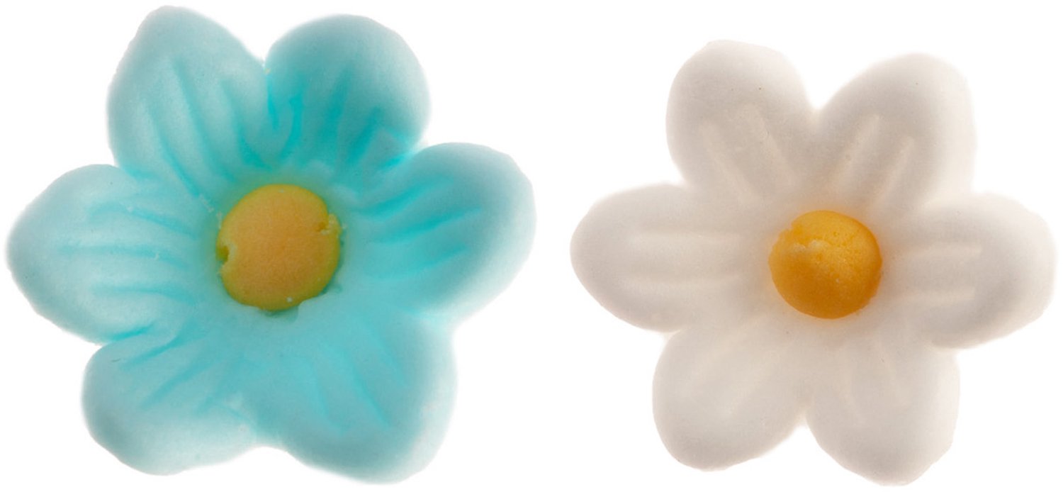 DEKORA - 14 Suikerdecoraties blauwe en witte madeliefjes 2,5 cm