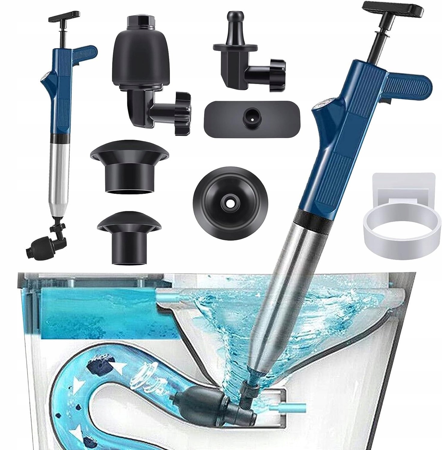 RVS Ontstopper - Gootsteenontstopper - WC Ontstopper - Rioolontstopper - Toilet Ontstopper - Ontstopper Afvoer - met Manometer - Pneumatisch Hogedruk - 4 Verwisselbare Koppen - Voor Wastafel & Vloerafvoer & Badkuip