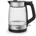 Tefal glazen waterkoker met zwarte basis, handgreep en roestvrijstalen afwerking.