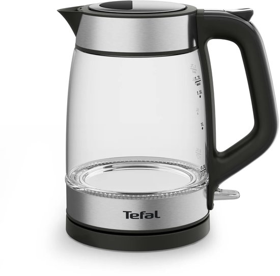 Tefal glazen waterkoker met zwarte basis, handgreep en roestvrijstalen afwerking.