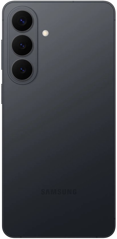 Recht aanzicht van de achterkant van een zwarte smartphone met drievoudig camerasysteem.