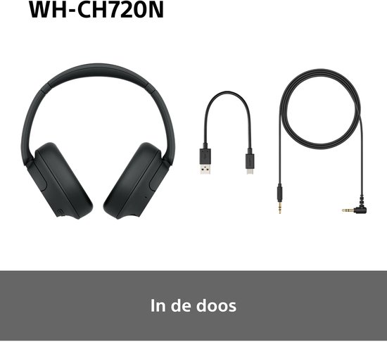 Sony WH-CH720N zwarte koptelefoon, USB-oplaadkabel en audiokabel. Tekst: In de doos.