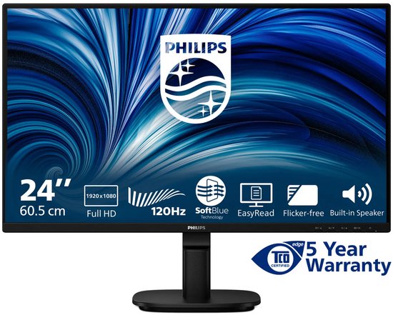 24 inch Philips Full HD-monitor, 120Hz, ingebouwde luidspreker, 5 jaar garantie en TCO-gecertificeerd.