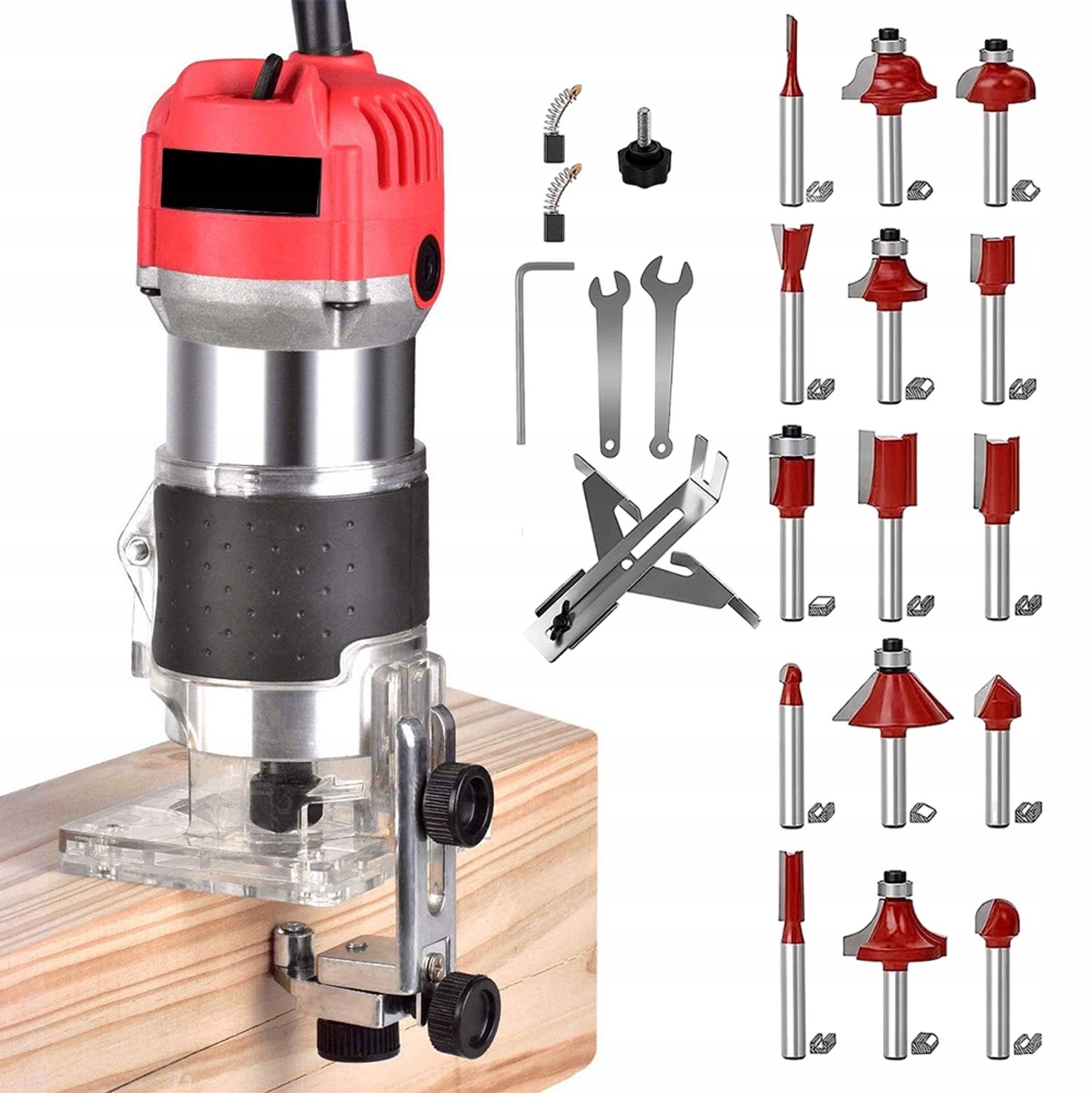 800W Bovenfrees - Electrische Hout Frees - Kantenfreesmachine - 30000RPM - Koperen Motor - Transparante Basis - 6,35 mm - met Geleiderails - Groeven & Afschuinen - Sleuffreesmachine - Voor Houtbewerking & Graveren