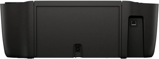 Achteraanzicht van zwarte HP DeskJet printer met aansluiting voor stroomkabel en USB-poort.