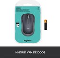 Inhoud van de doos: M185 draadloze muis, batterij en USB-ontvanger in verpakking.
