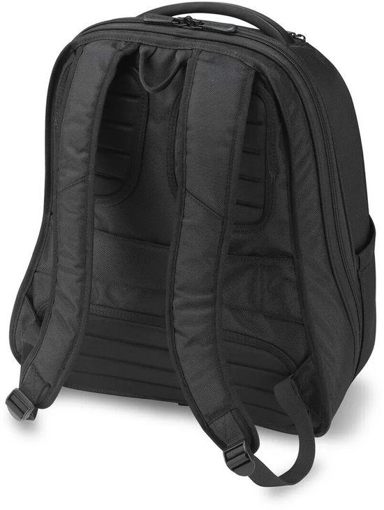 Achterkant van een zwarte rugzak met gevoerde schouderbanden en een ergonomisch rugpaneel.