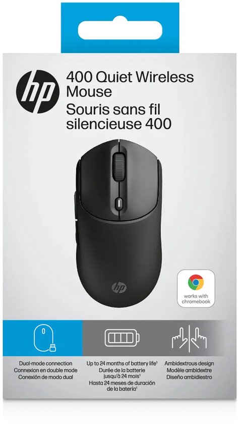 Productverpakking van de zwarte HP 400 Quiet Wireless Mouse, inclusief specificaties en Chromebook-label.