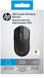 Productverpakking van de zwarte HP 400 Quiet Wireless Mouse, inclusief specificaties en Chromebook-label.