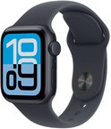 Zwarte Apple Watch met middernachtkleurige sportband en wijzerplaat waarop 10:09 wordt weergegeven.