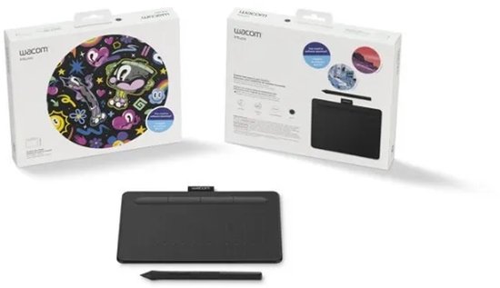 Wacom Intuos-set met doos, tekentablet en zwarte pen.