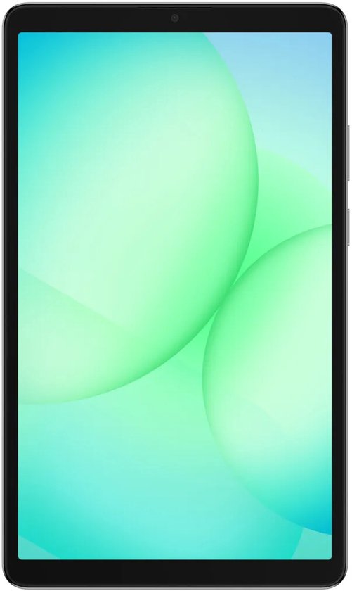 Vooraanzicht van grijze tablet met groen abstract behang.