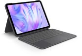 Grafietgrijs tablettoetsenbord met trackpad en standaard, gekoppeld aan een iPad Pro met abstract paars-blauw scherm.