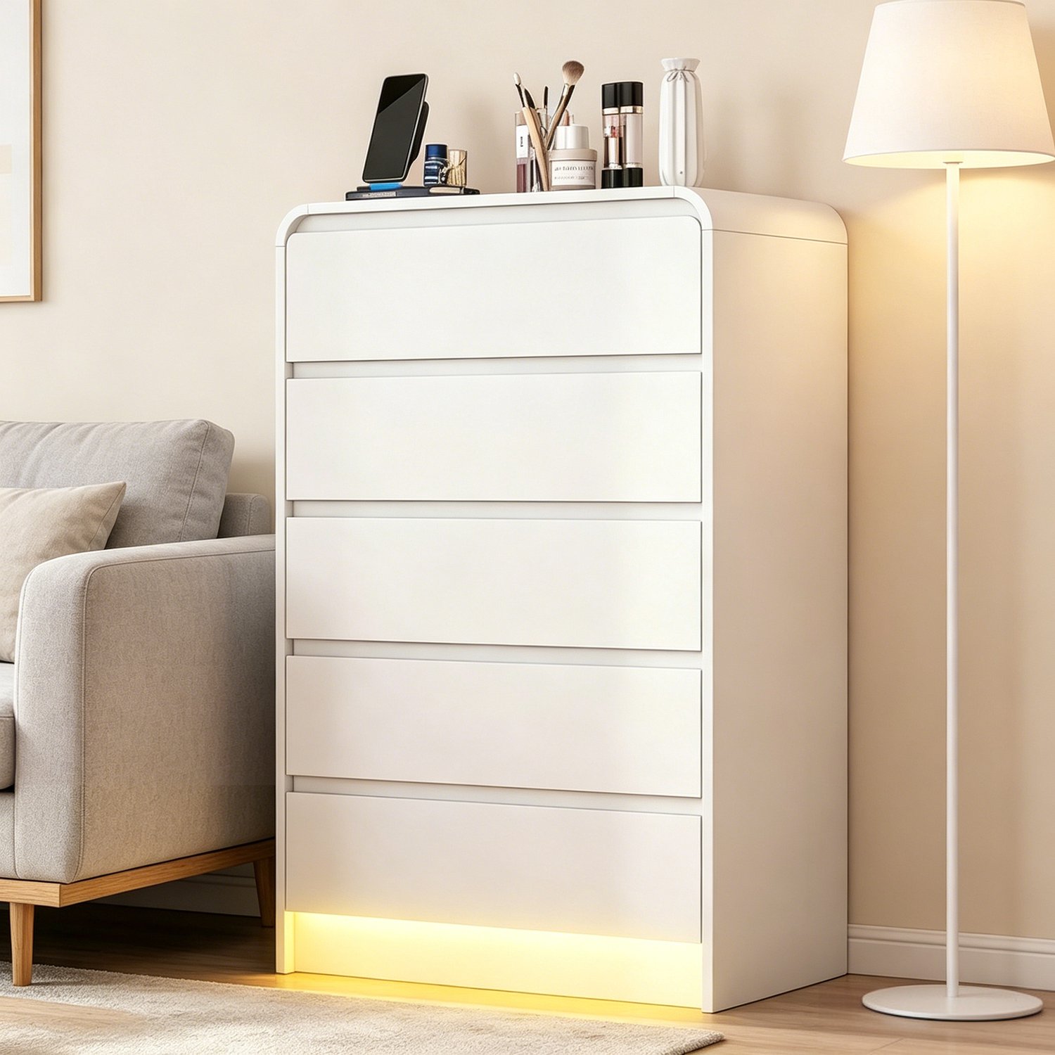 Ladekast witte met 5 lades en LED-verlichting, Scandinavische commode anti-kantel bevestiging, Opbergkast voor slaapkamer woonkamer, Afgeronde randen, Minimalistisch ontwerp