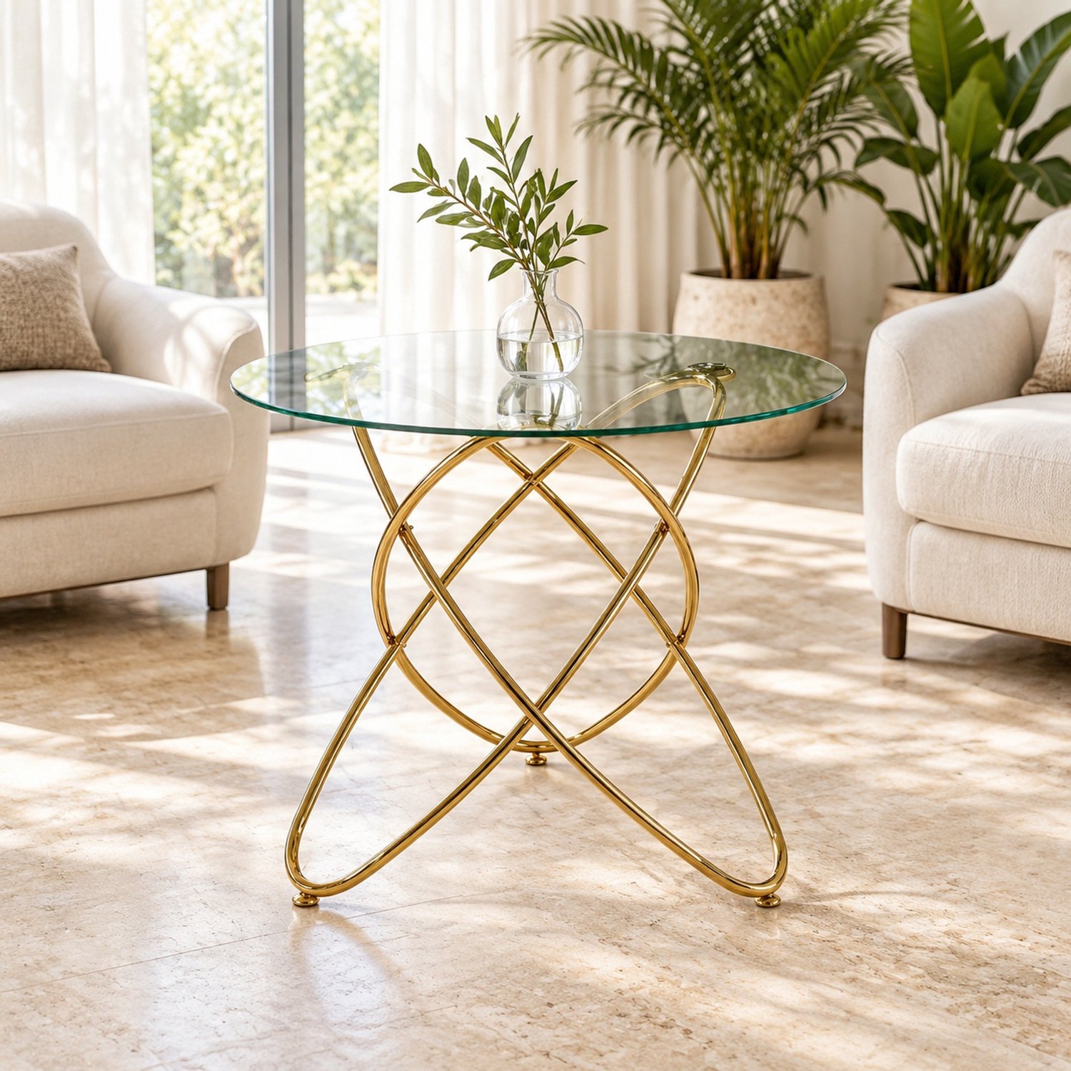 CHICFURN Eettafel 80 cm - Ronde vorm - Glazen tafelblad - Metalen onderstel - Eethoek - Glas en metaal - Goud Goudkleurig