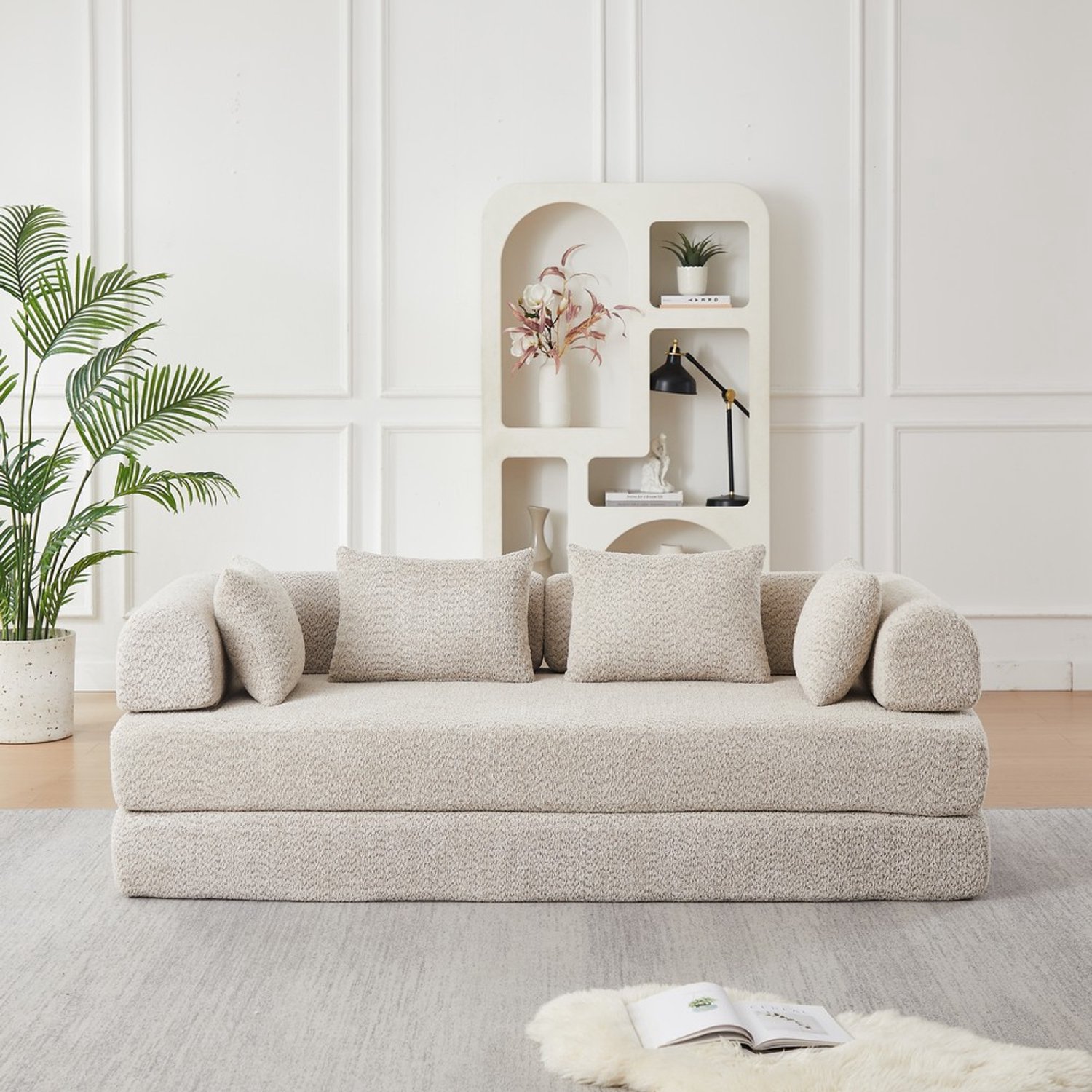 Pugsdrly 4-in-1 stoffen slaapbank met verstelbare rugleuning – 4 opstellingsvormen, GEEN MONTAGE NODIG, antislipontwerp met granulaat, vlekbestendig en huisdiervriendelijk, incl. 4 kussens, modulaire slaapbank voor Beige