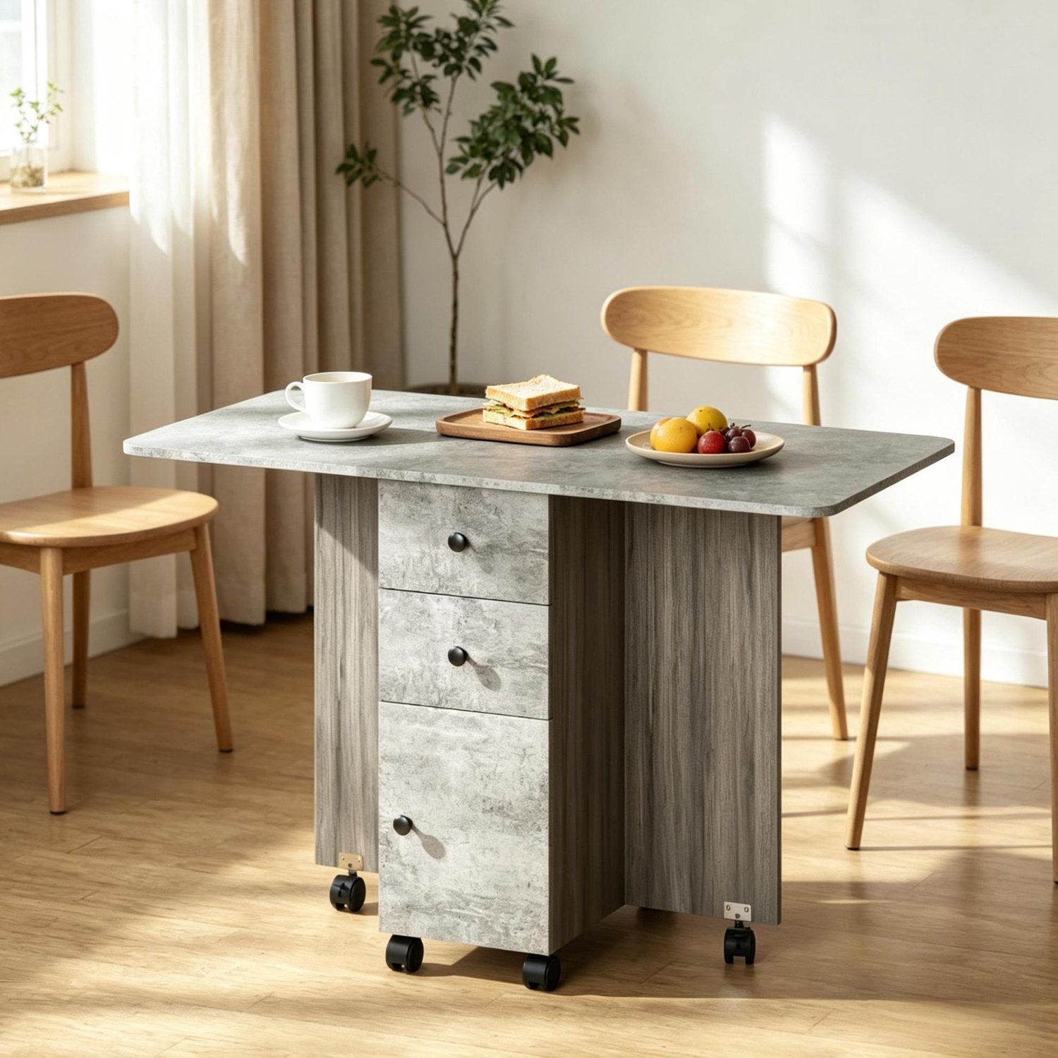 CHICFURN Eettafel 120 cm - tot 6 personen - opklapbaar - met lades en wielen - eetkamer - spaanplaat - grijs